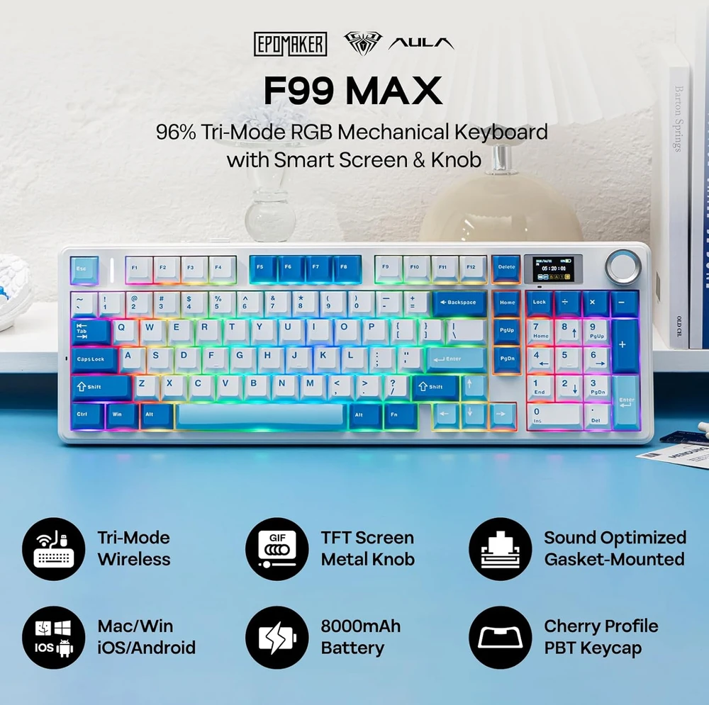 Epomaker mechaninė belaidė klaviatūra F99 MAX, TFT ekranas, 2.4 GHz, Bluetooth, RGB, 8000 mAh