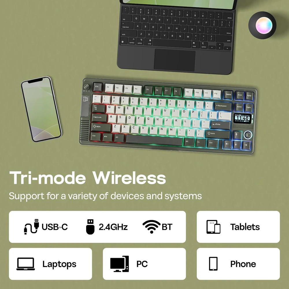EPOMAKER mechaninė belaidė klaviatūra su joystick, TFT ekranu, 75% išdėstymas, 8000 mAh, BT/USB/2.4 GHz, RT85
