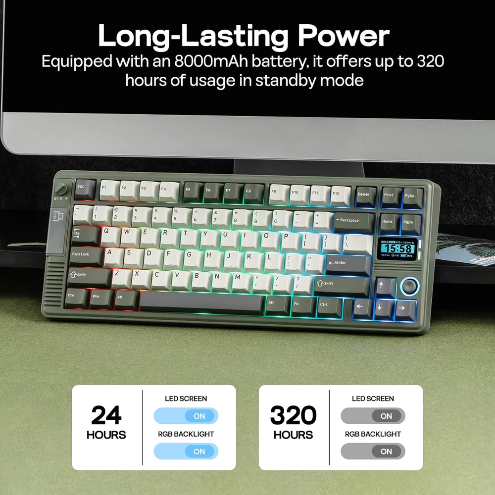 EPOMAKER mechaninė belaidė klaviatūra su joystick, TFT ekranu, 75% išdėstymas, 8000 mAh, BT/USB/2.4 GHz, RT85