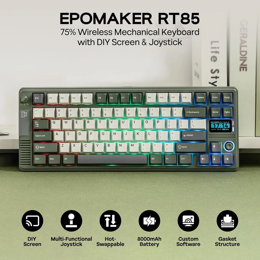 EPOMAKER mechaninė belaidė klaviatūra su joystick, TFT ekranu, 75% išdėstymas, 8000 mAh, BT/USB/2.4 GHz, RT85