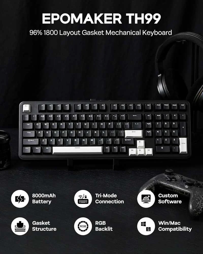 EPOMAKER mechaninė belaidė klaviatūra TH99, 3 režimų, 8000 mAh baterija, RGB, 102 klavišai