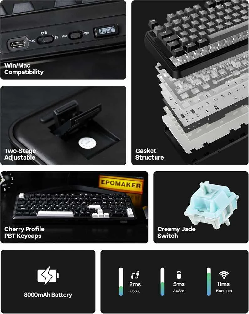 EPOMAKER mechaninė belaidė klaviatūra TH99, 3 režimų, 8000 mAh baterija, RGB, 102 klavišai
