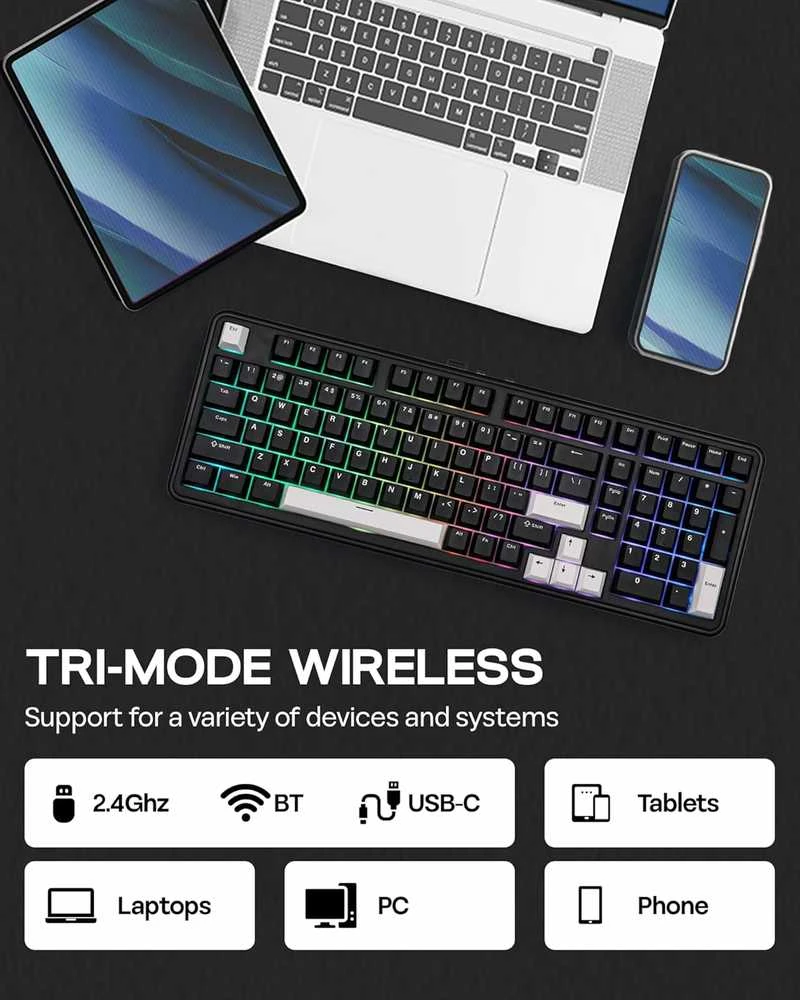EPOMAKER mechaninė belaidė klaviatūra TH99, 3 režimų, 8000 mAh baterija, RGB, 102 klavišai