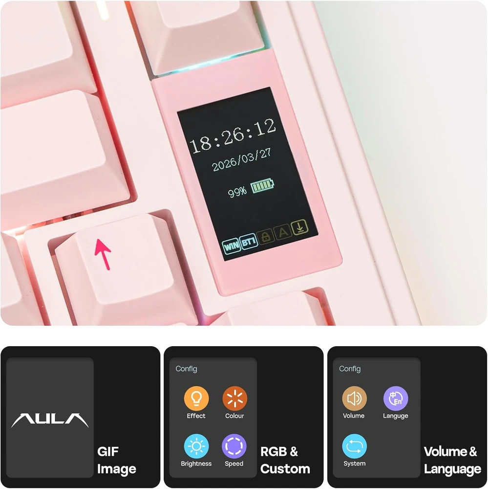 Epomaker mechaninė belaidė žaidimų klaviatūra RGB, 75% ANSI, 80 klavišų, TFT ekranas, Hot-Swap, Silent Cotton Candy, rožinė, EA75 MAX