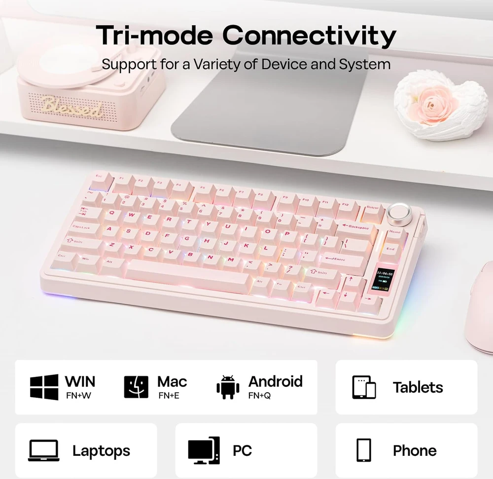 Epomaker mechaninė belaidė žaidimų klaviatūra RGB, 75% ANSI, 80 klavišų, TFT ekranas, Hot-Swap, Silent Cotton Candy, rožinė, EA75 MAX