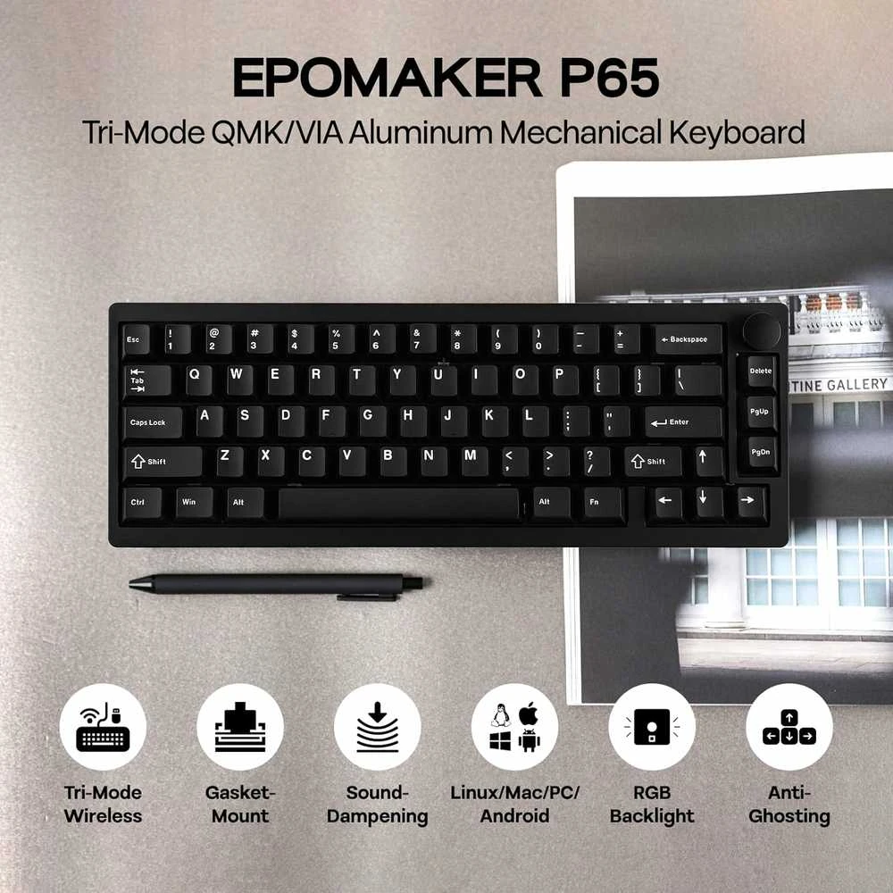 EPOMAKER mechaninė belaidė žaidimų klaviatūra, 65 % aliuminio korpusas, QMK/VIA palaikymas, RGB, P65