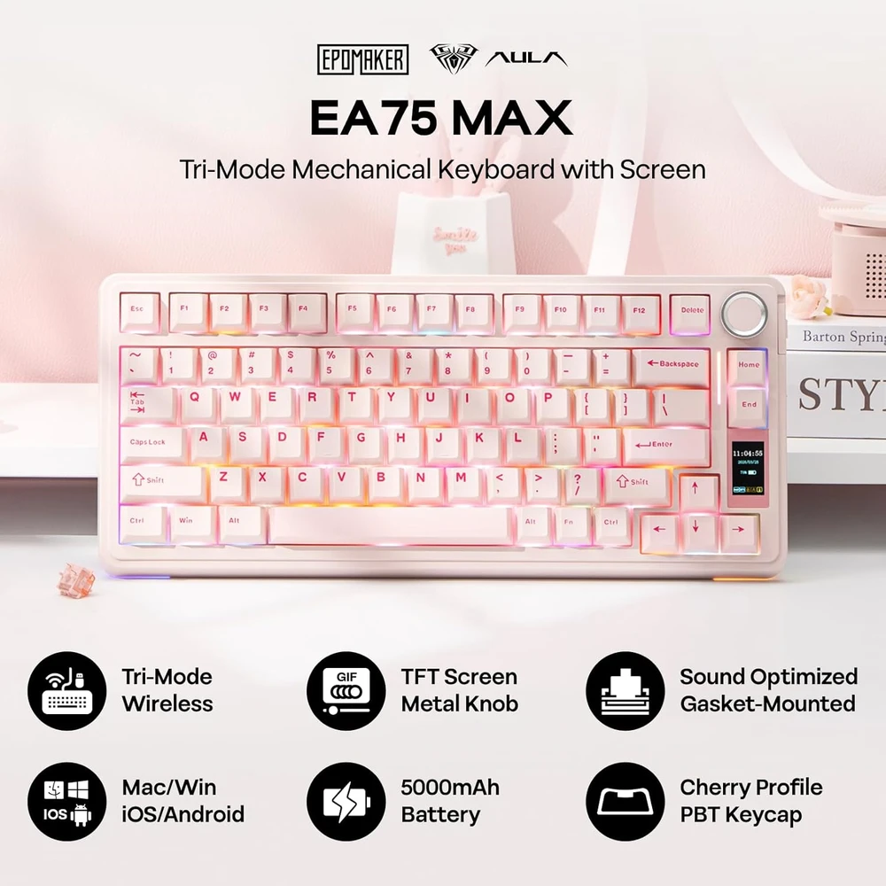 Epomaker mechaninė belaidė žaidimų klaviatūra RGB, 75% ANSI, 80 klavišų, TFT ekranas, Hot-Swap, Silent Cotton Candy, rožinė, EA75 MAX