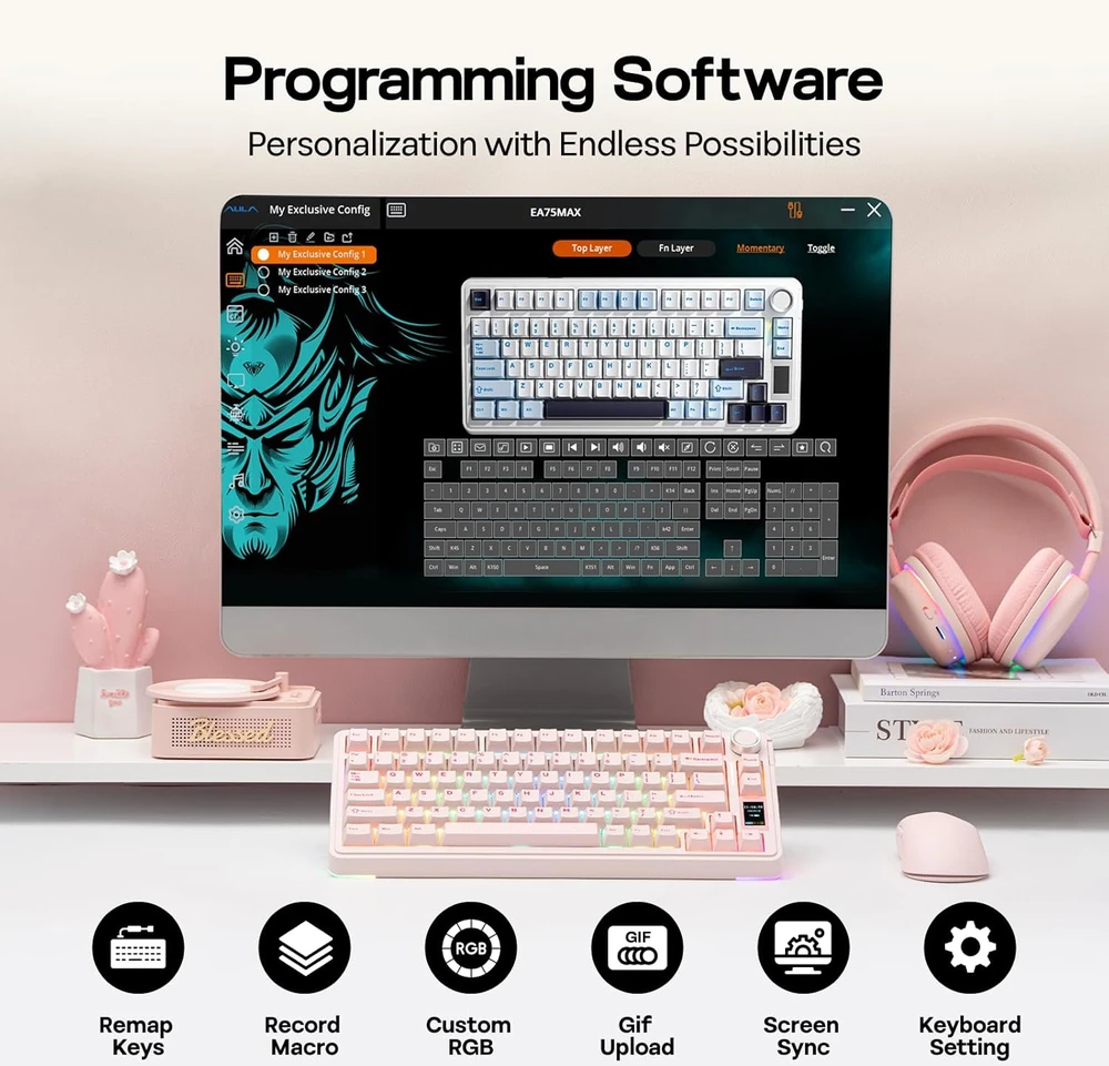 Epomaker mechaninė belaidė žaidimų klaviatūra RGB, 75% ANSI, 80 klavišų, TFT ekranas, Hot-Swap, Silent Cotton Candy, rožinė, EA75 MAX