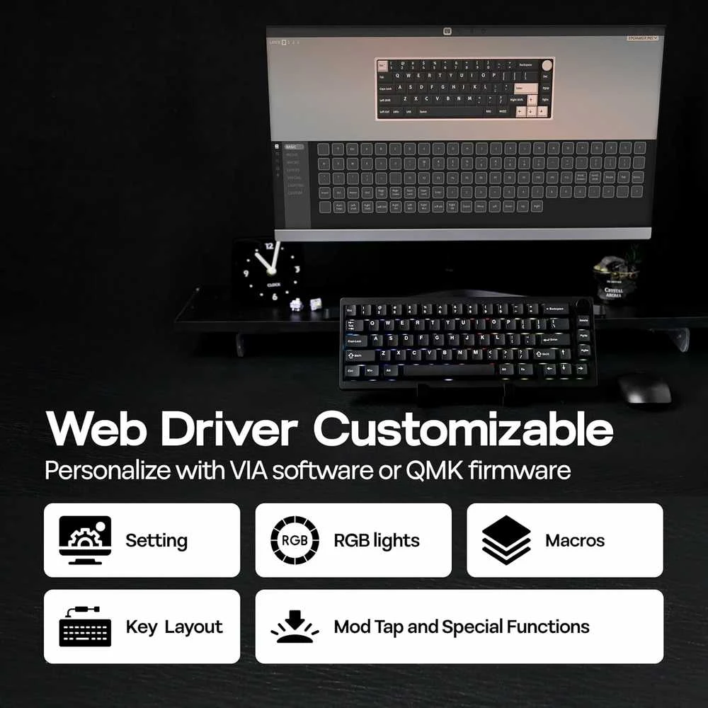 EPOMAKER mechaninė belaidė žaidimų klaviatūra, 65 % aliuminio korpusas, QMK/VIA palaikymas, RGB, P65