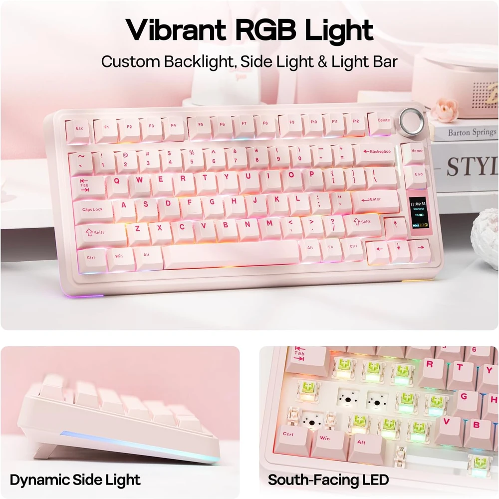 Epomaker mechaninė belaidė žaidimų klaviatūra RGB, 75% ANSI, 80 klavišų, TFT ekranas, Hot-Swap, Silent Cotton Candy, rožinė, EA75 MAX