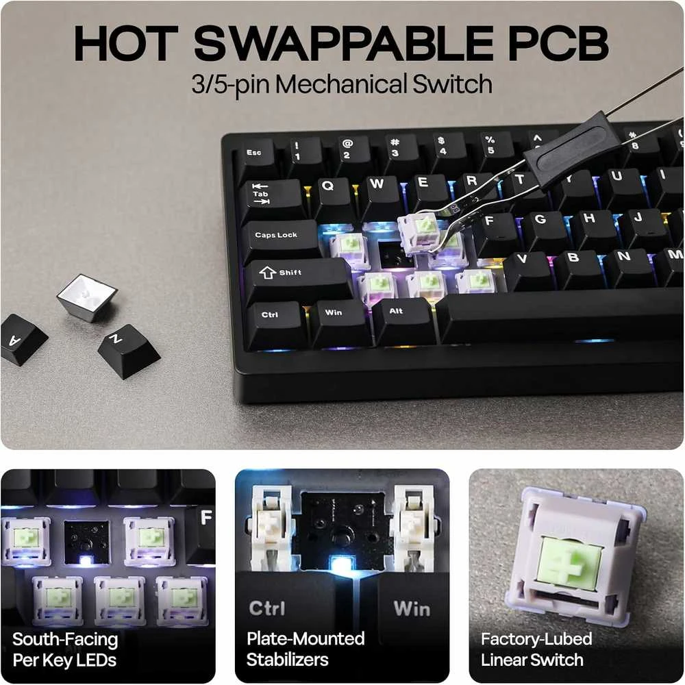 EPOMAKER mechaninė belaidė žaidimų klaviatūra, 65 % aliuminio korpusas, QMK/VIA palaikymas, RGB, P65