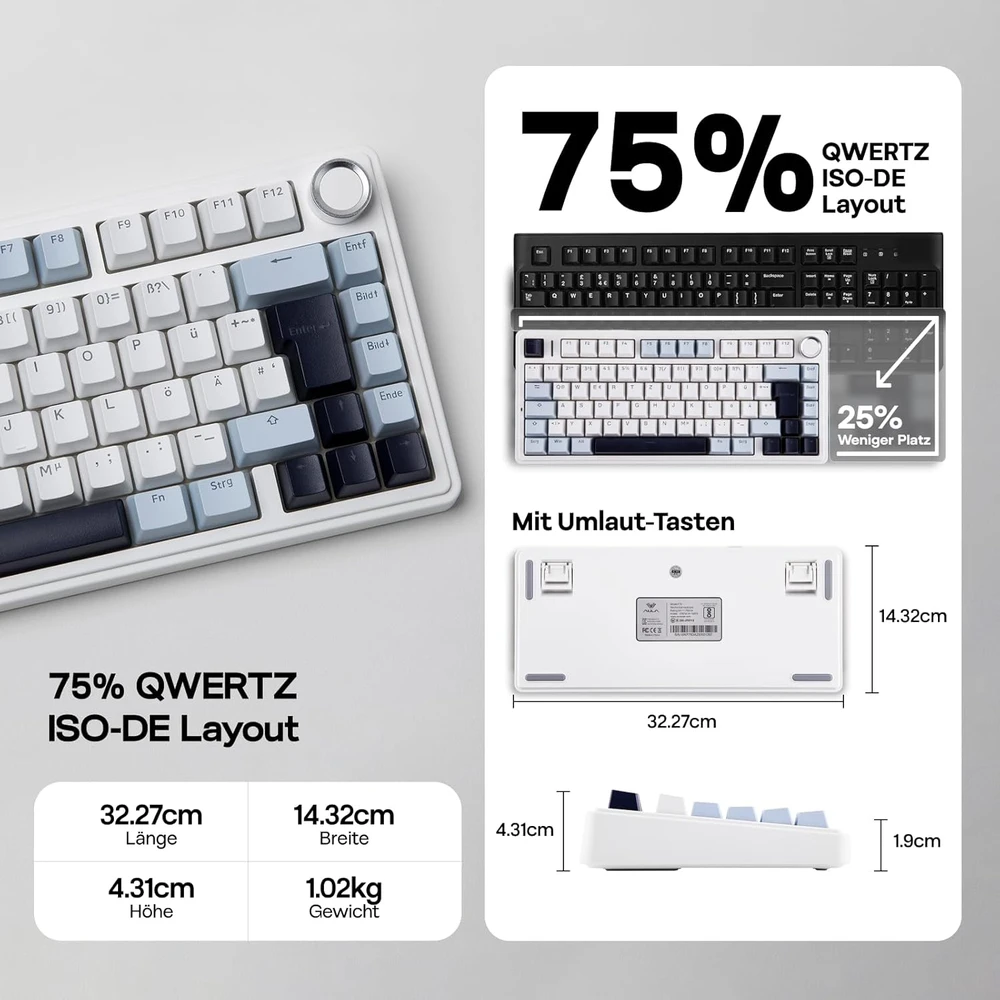 Epomaker mechaninė klaviatūra 75% ISO-DE QWERTZ, belaidė, RGB apšvietimas, Reaper Switch
