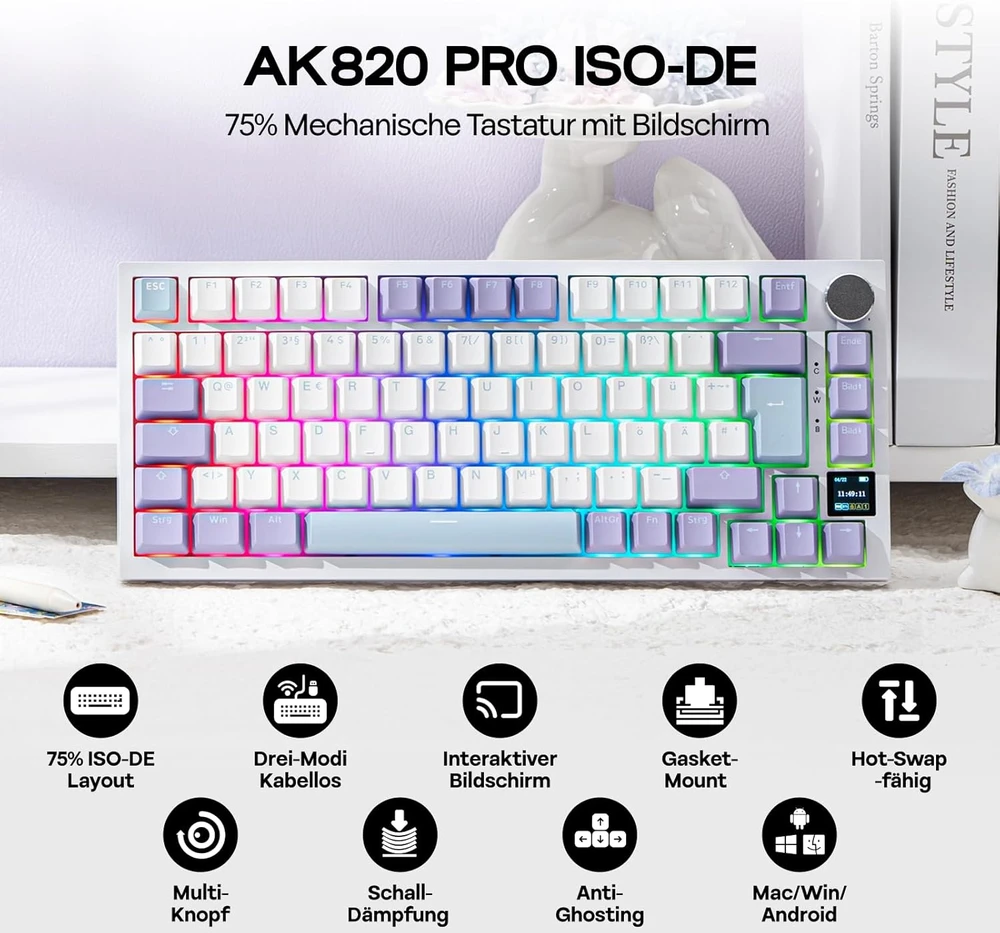 Epomaker mechaninė klaviatūra 75% ISO-DE QWERTZ, RGB, TFT ekranas, belaidė, balta/violetinė