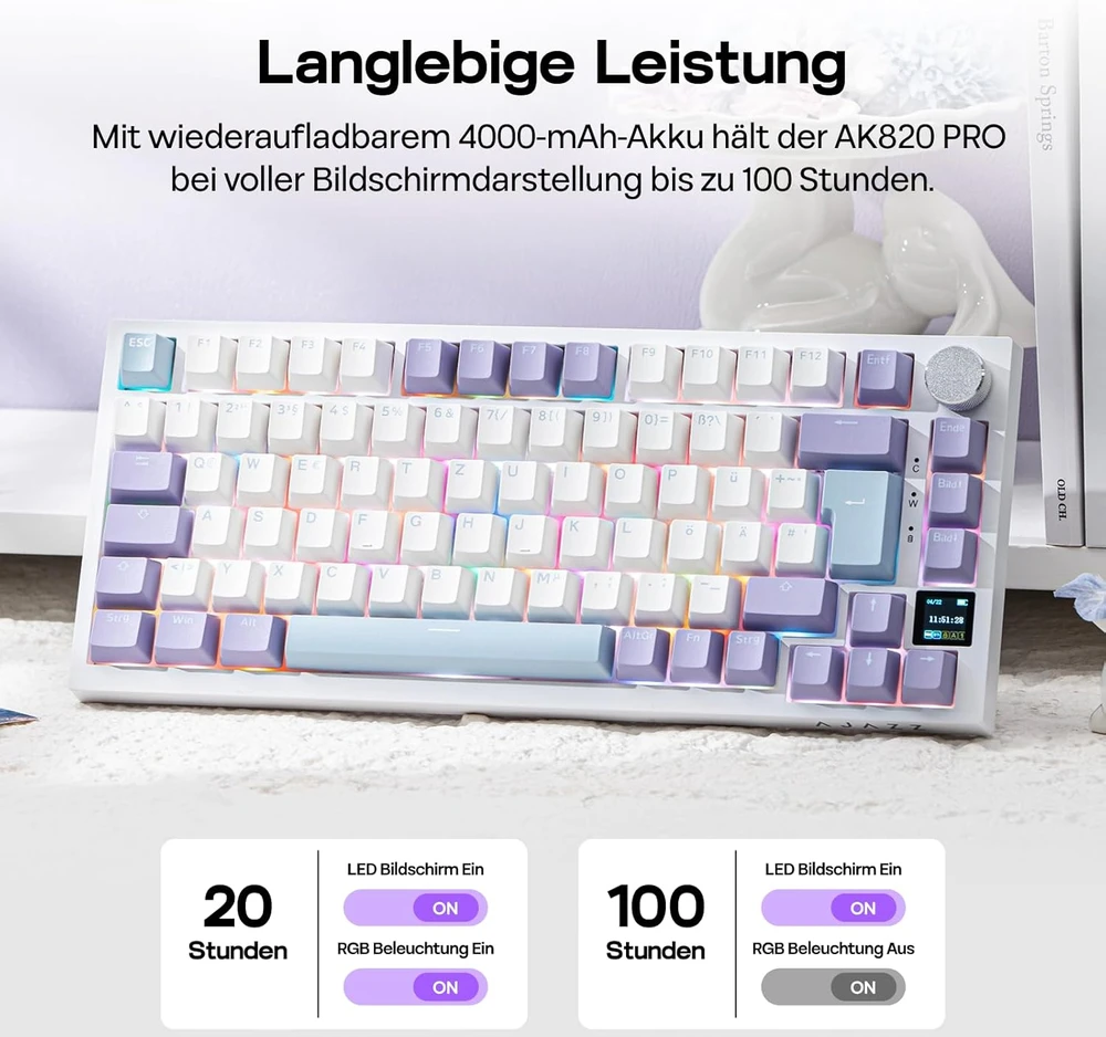 Epomaker mechaninė klaviatūra 75% ISO-DE QWERTZ, RGB, TFT ekranas, belaidė, balta/violetinė