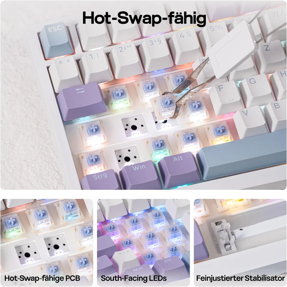 Epomaker mechaninė klaviatūra 75% ISO-DE QWERTZ, RGB, TFT ekranas, belaidė, balta/violetinė