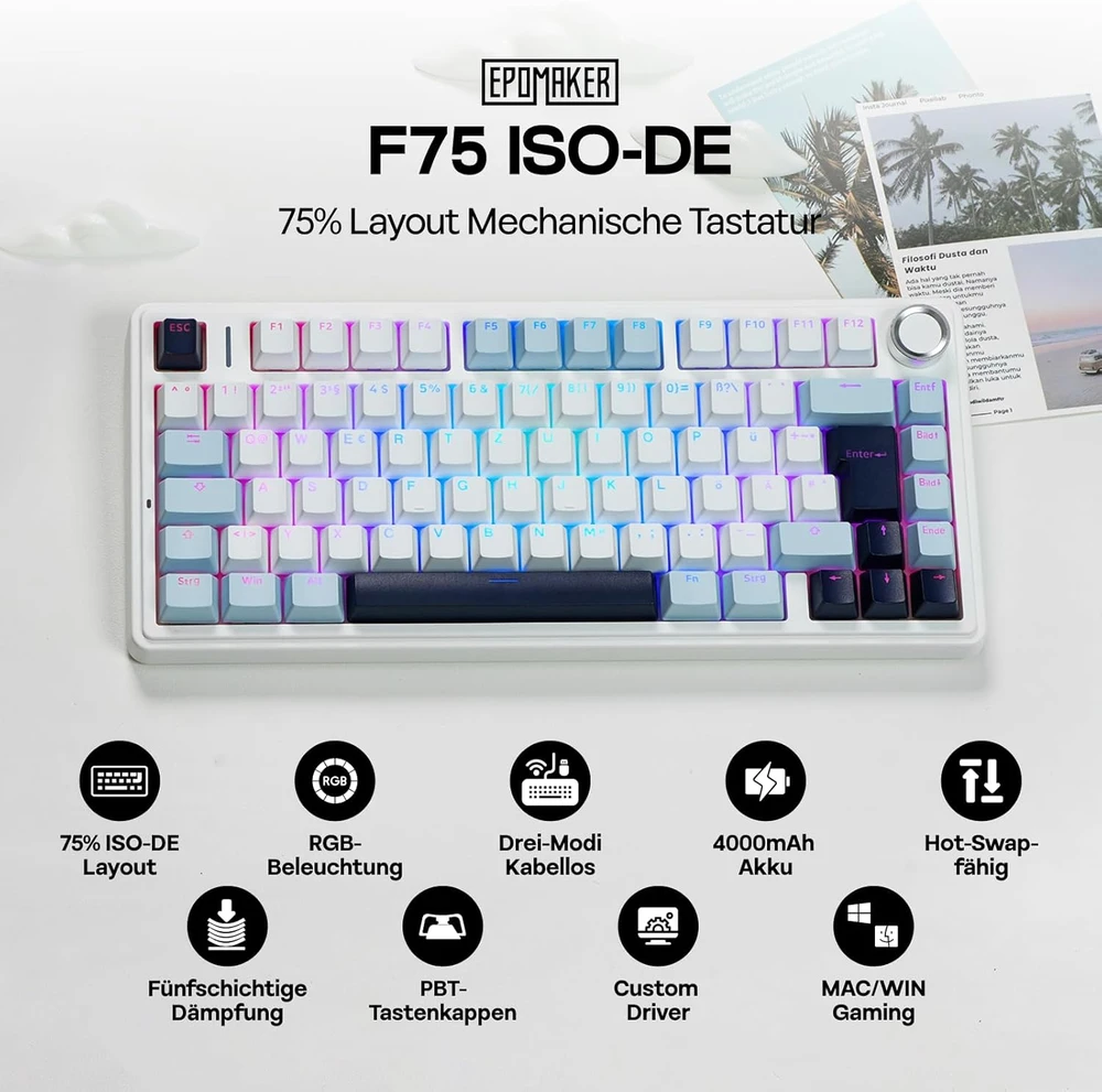Epomaker mechaninė klaviatūra 75% ISO-DE QWERTZ, belaidė, RGB apšvietimas, Reaper Switch