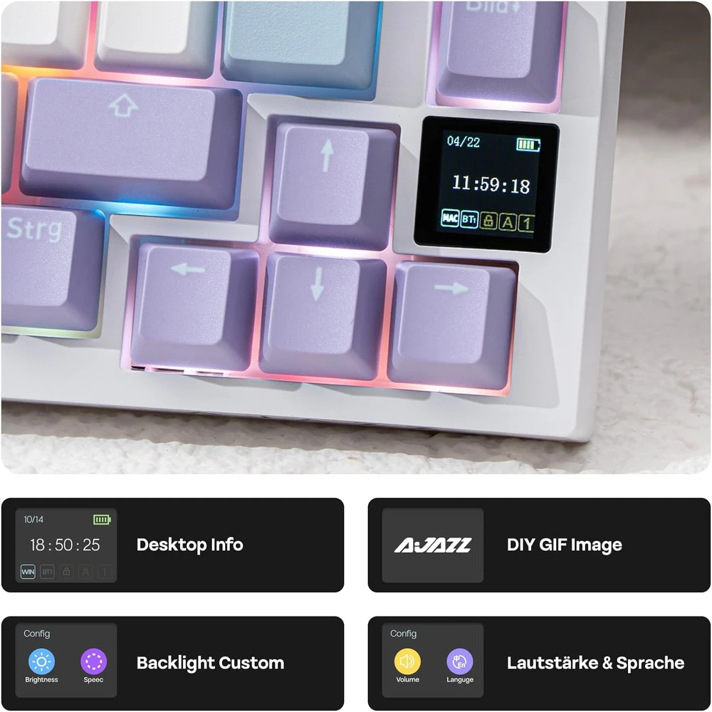 Epomaker mechaninė klaviatūra 75% ISO-DE QWERTZ, RGB, TFT ekranas, belaidė, balta/violetinė