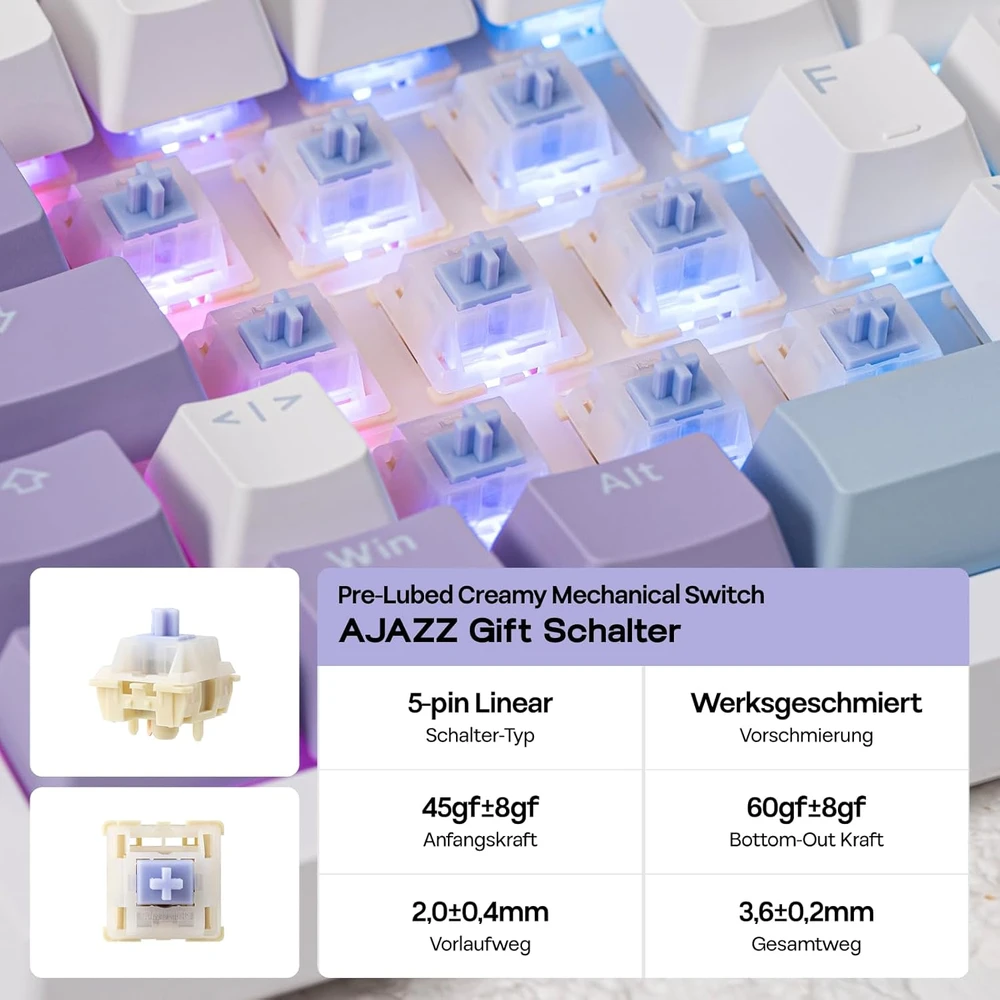 Epomaker mechaninė klaviatūra 75% ISO-DE QWERTZ, RGB, TFT ekranas, belaidė, balta/violetinė