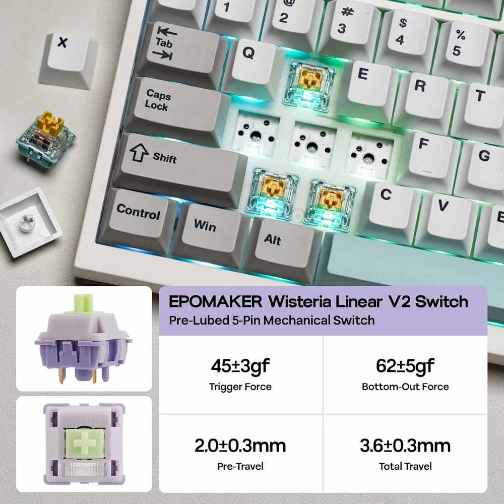 EPOMAKER mechaninė klaviatūra QK108 su ekranu, 104 klavišai, RGB, belaidė ir laidinė, balta