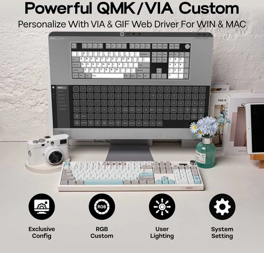 EPOMAKER mechaninė klaviatūra QK108 su ekranu, 104 klavišai, RGB, belaidė ir laidinė, balta