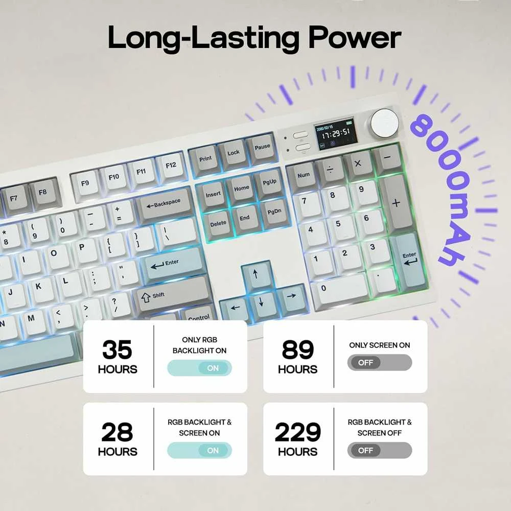 EPOMAKER mechaninė klaviatūra QK108 su ekranu, 104 klavišai, RGB, belaidė ir laidinė, balta
