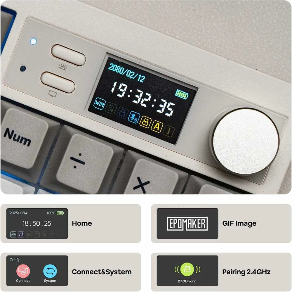 EPOMAKER mechaninė klaviatūra QK108 su ekranu, 104 klavišai, RGB, belaidė ir laidinė, balta