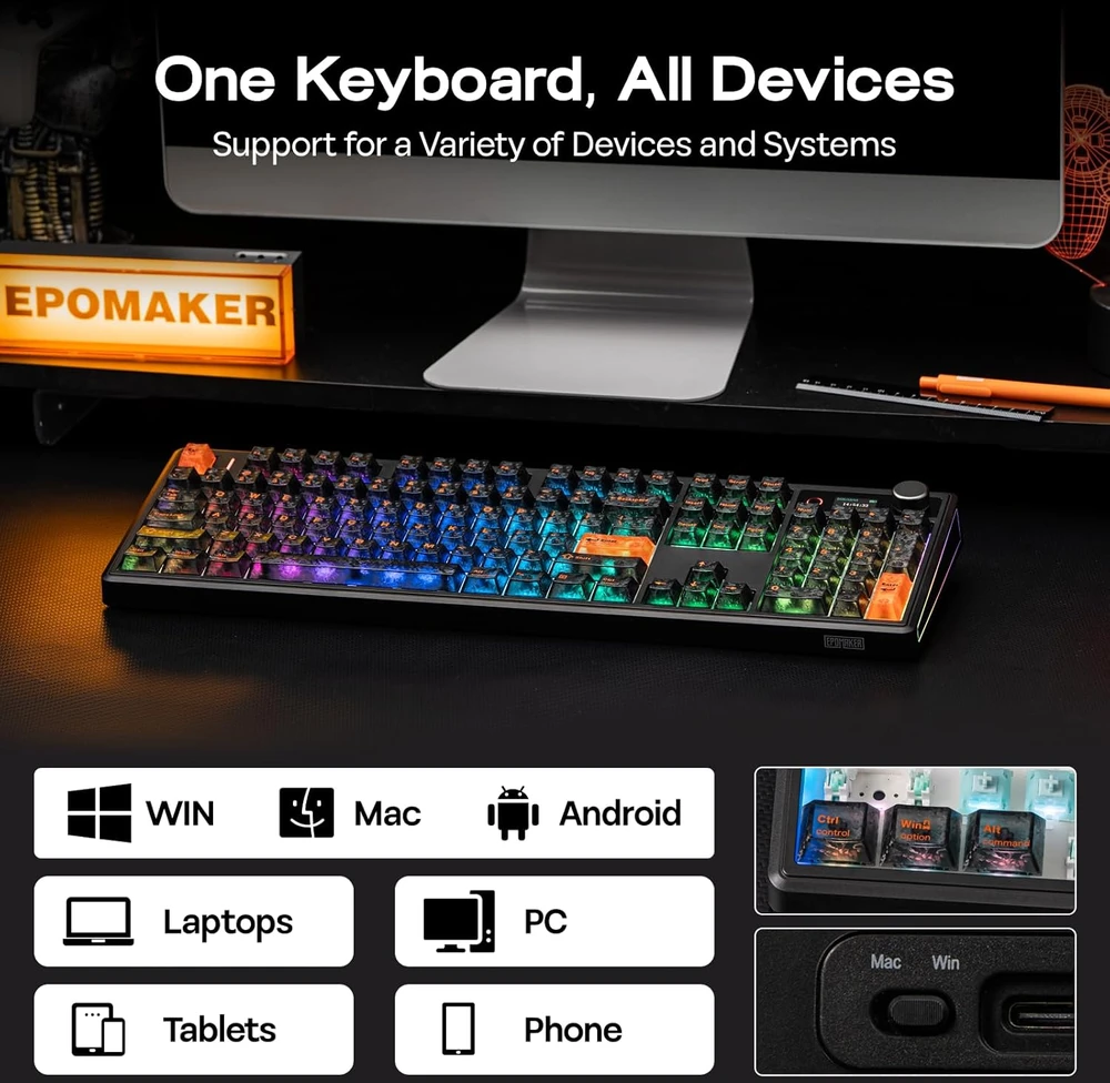 EPOMAKER mechaninė klaviatūra TH108 V2 PRO su ekranu, 10000 mAh, RGB, BT/2.4 GHz, PBT