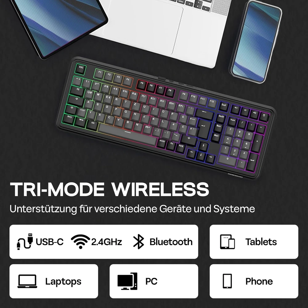 Epomaker mechaninė klaviatūra, vokiška ISO-DE QWERTZ, bevielė, 96%, RGB, numerių blokas, Hot-Swap, juoda