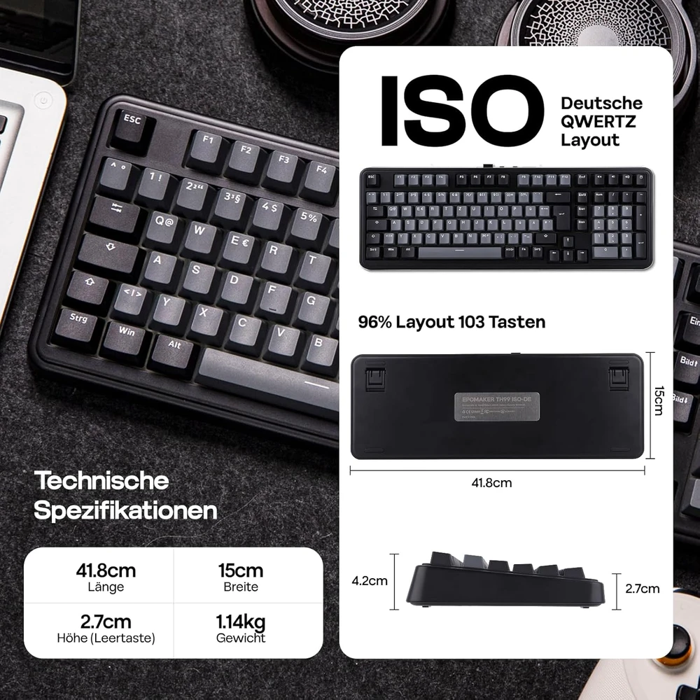 Epomaker mechaninė klaviatūra, vokiška ISO-DE QWERTZ, bevielė, 96%, RGB, numerių blokas, Hot-Swap, juoda
