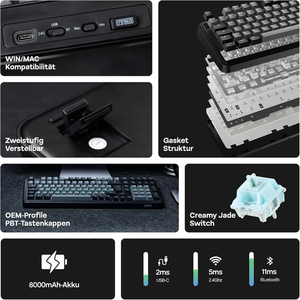Epomaker mechaninė klaviatūra, vokiška ISO-DE QWERTZ, bevielė, 96%, RGB, numerių blokas, Hot-Swap, juoda