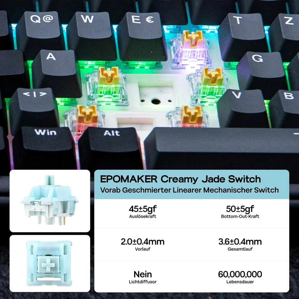 Epomaker mechaninė klaviatūra, vokiška ISO-DE QWERTZ, bevielė, 96%, RGB, numerių blokas, Hot-Swap, juoda