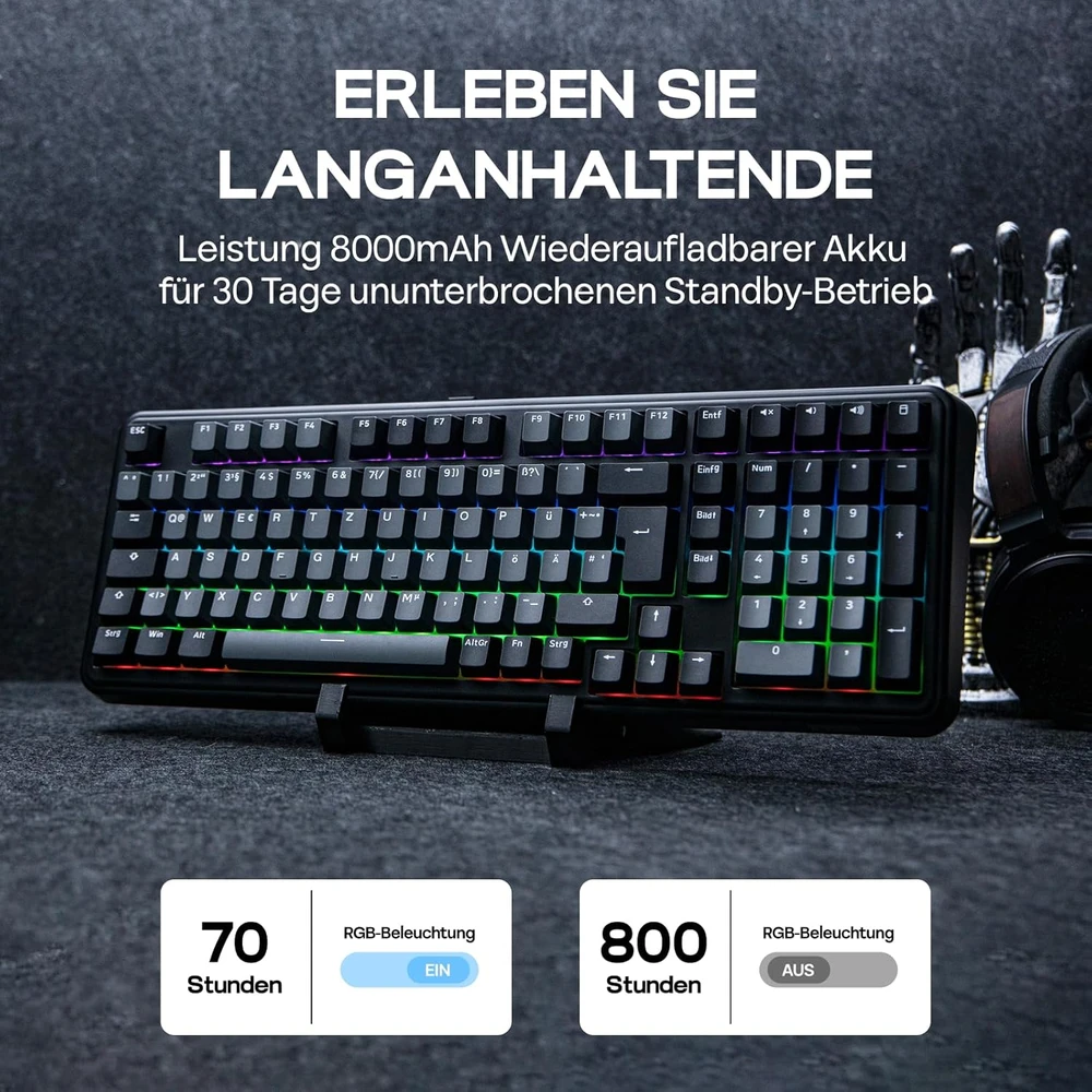 Epomaker mechaninė klaviatūra, vokiška ISO-DE QWERTZ, bevielė, 96%, RGB, numerių blokas, Hot-Swap, juoda