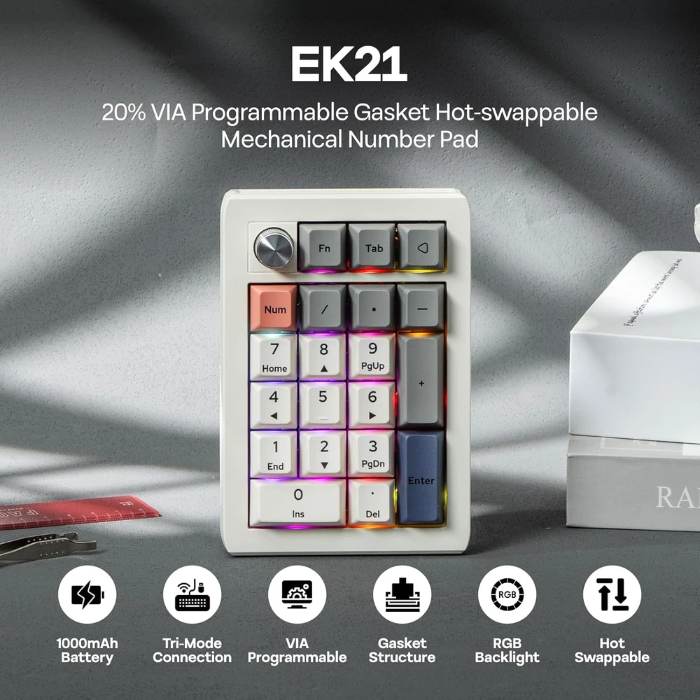EPOMAKER mechaninė skaitmenų klaviatūra EK21, tri-režimo, 1000 mAh baterija, 20 klavišų, su aliuminio ratuku