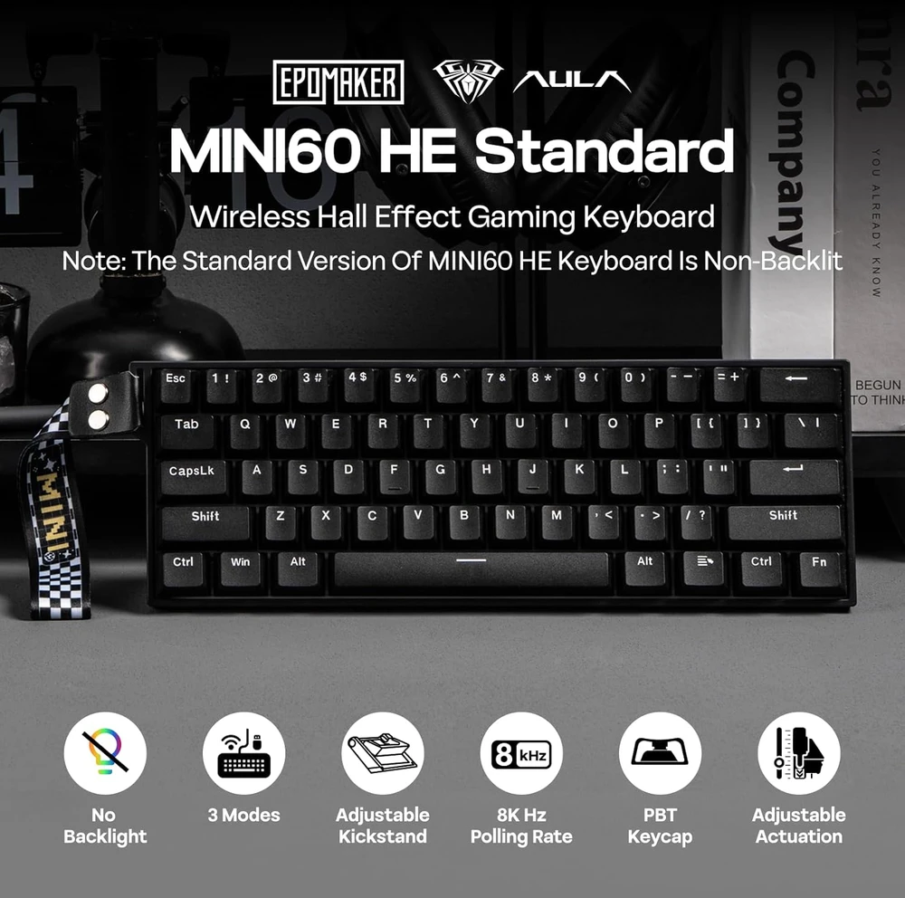 Epomaker MINI60 HE 60% bevielė žaidimų klaviatūra, 8K Hz dažnis, magnetiniai jungikliai, PBT klavišai