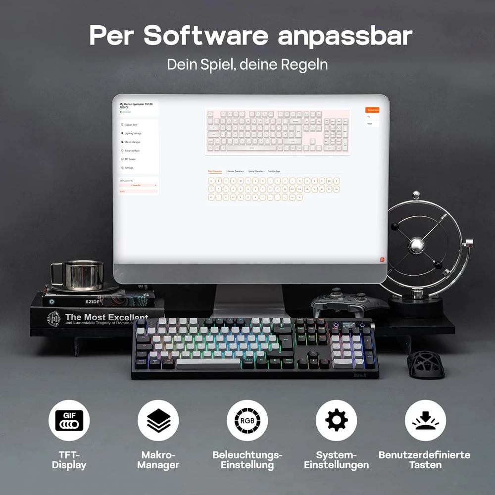 Epomaker pilno dydžio belaidė mechaninė klaviatūra su RGB, ekranėliu ir vokišku ISO-DE QWERTZ išdėstymu