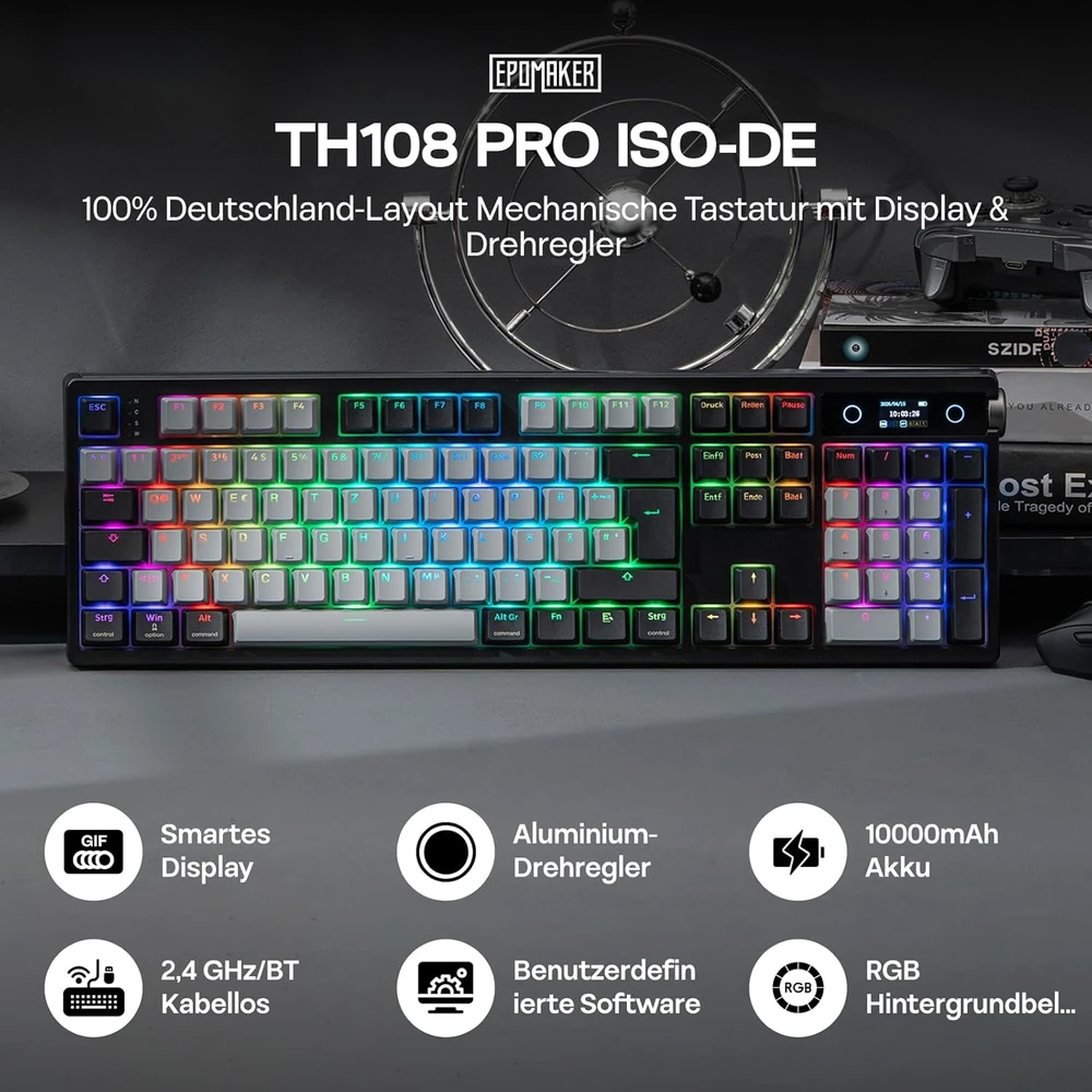 Epomaker pilno dydžio belaidė mechaninė klaviatūra su RGB, ekranėliu ir vokišku ISO-DE QWERTZ išdėstymu