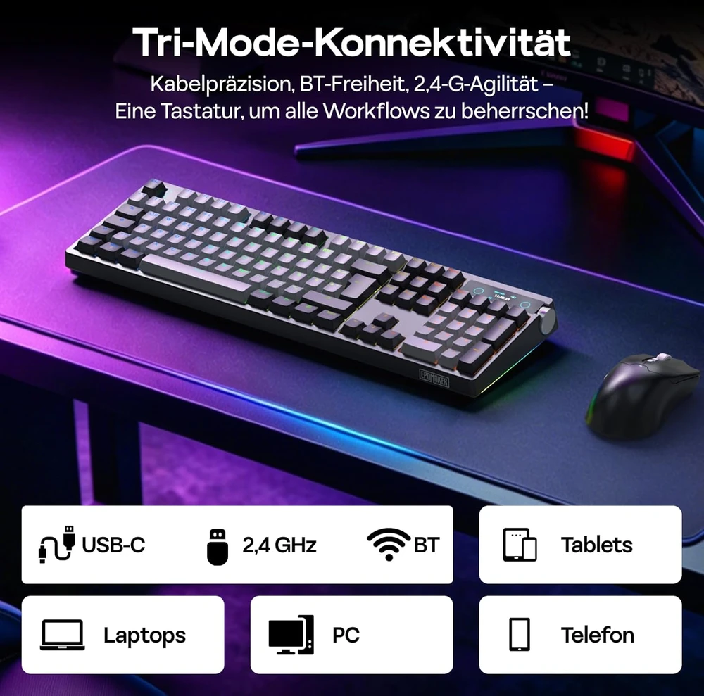 Epomaker pilno dydžio belaidė mechaninė klaviatūra su RGB, ekranėliu ir vokišku ISO-DE QWERTZ išdėstymu