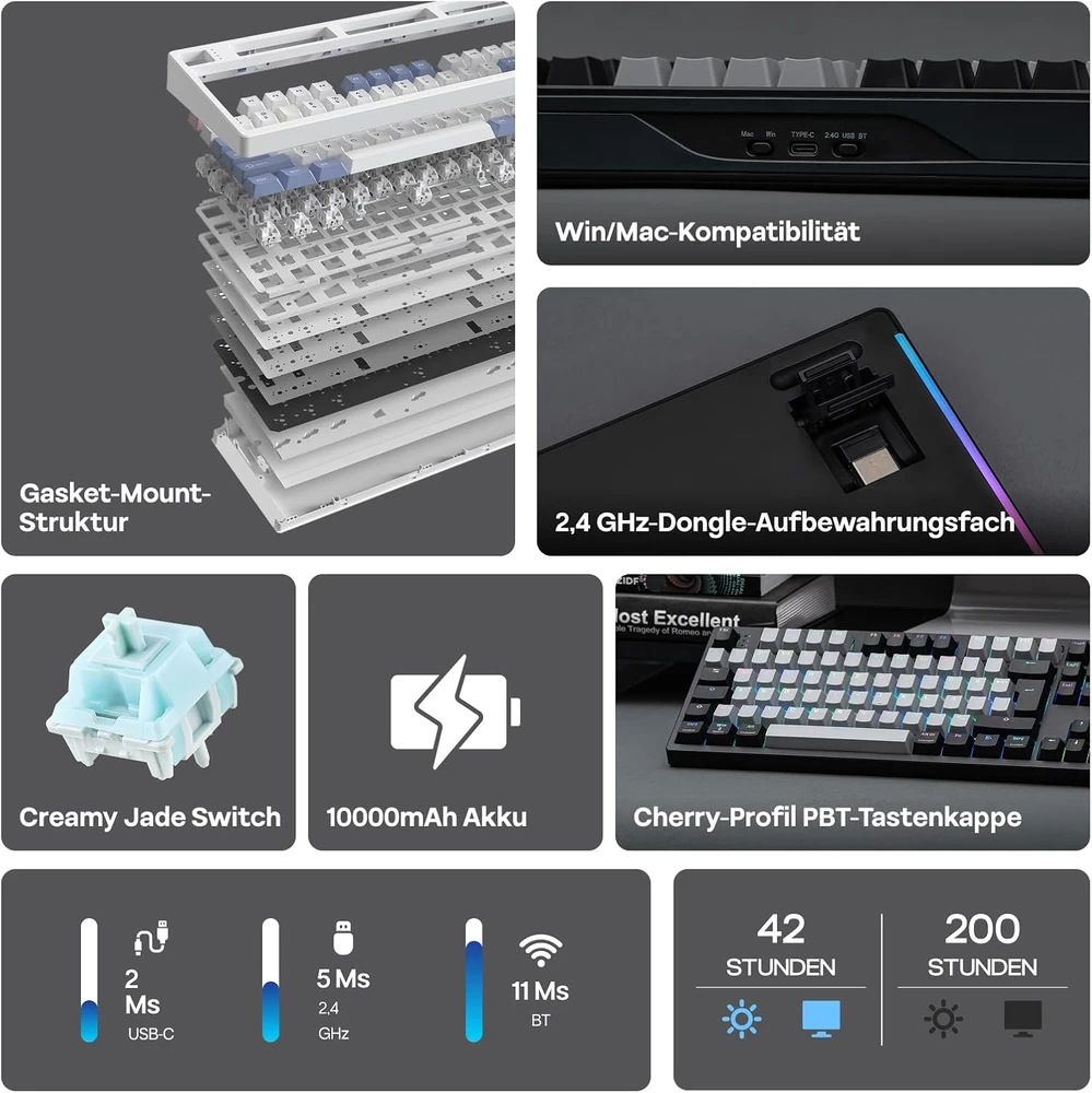 Epomaker pilno dydžio belaidė mechaninė klaviatūra su RGB, ekranėliu ir vokišku ISO-DE QWERTZ išdėstymu