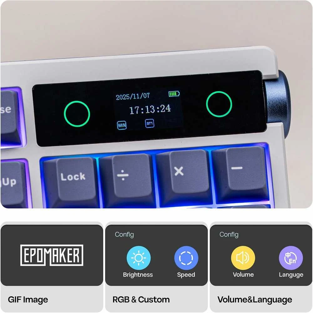 EPOMAKER pilno dydžio belaidė mechaninė klaviatūra su ekranu ir valdymo ratuku, RGB, Hot-Swap, TH108 PRO