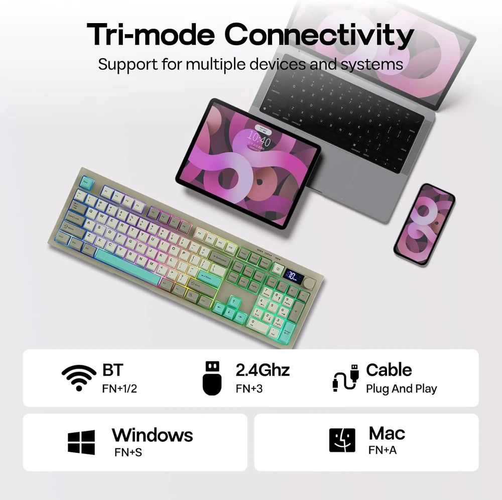 EPOMAKER S102 PRO membraninė žaidimų klaviatūra su Bluetooth, 2,4 GHz, USB-C ir RGB apšvietimu