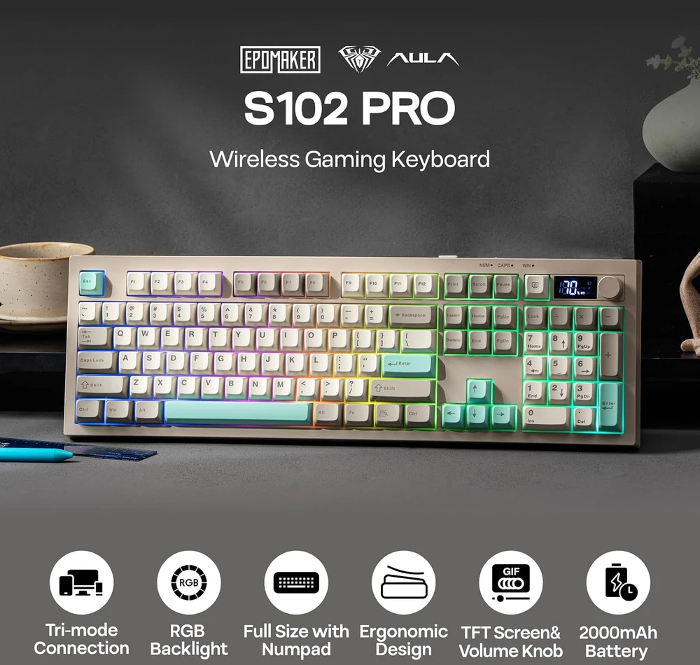 EPOMAKER S102 PRO membraninė žaidimų klaviatūra su Bluetooth, 2,4 GHz, USB-C ir RGB apšvietimu