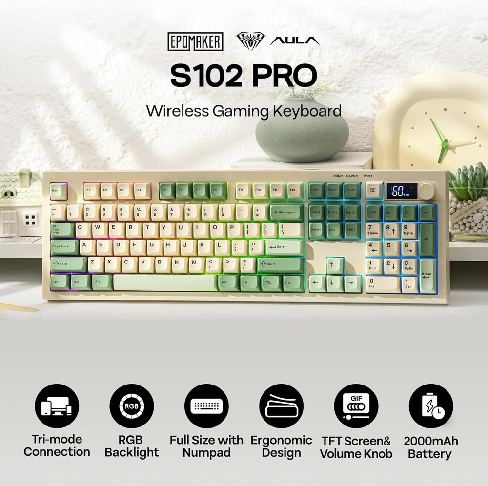 Epomaker S102 PRO žaidimų klaviatūra su TFT ekranu, RGB, BT/2.4G/USB, membraninė, skaičių blokas