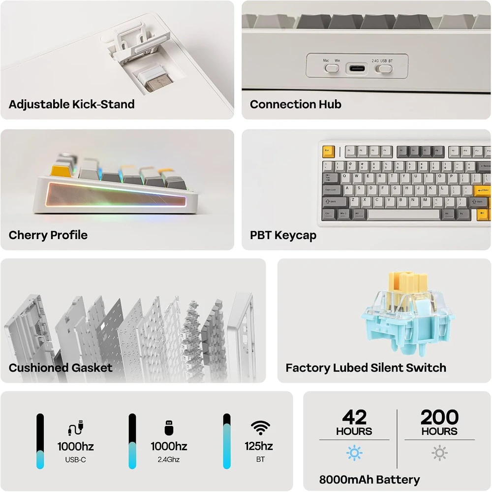 Epomaker TH80 V2 belaidė mechaninė žaidimų klaviatūra 75% RGB 8000 mAh Hot-Swap PBT
