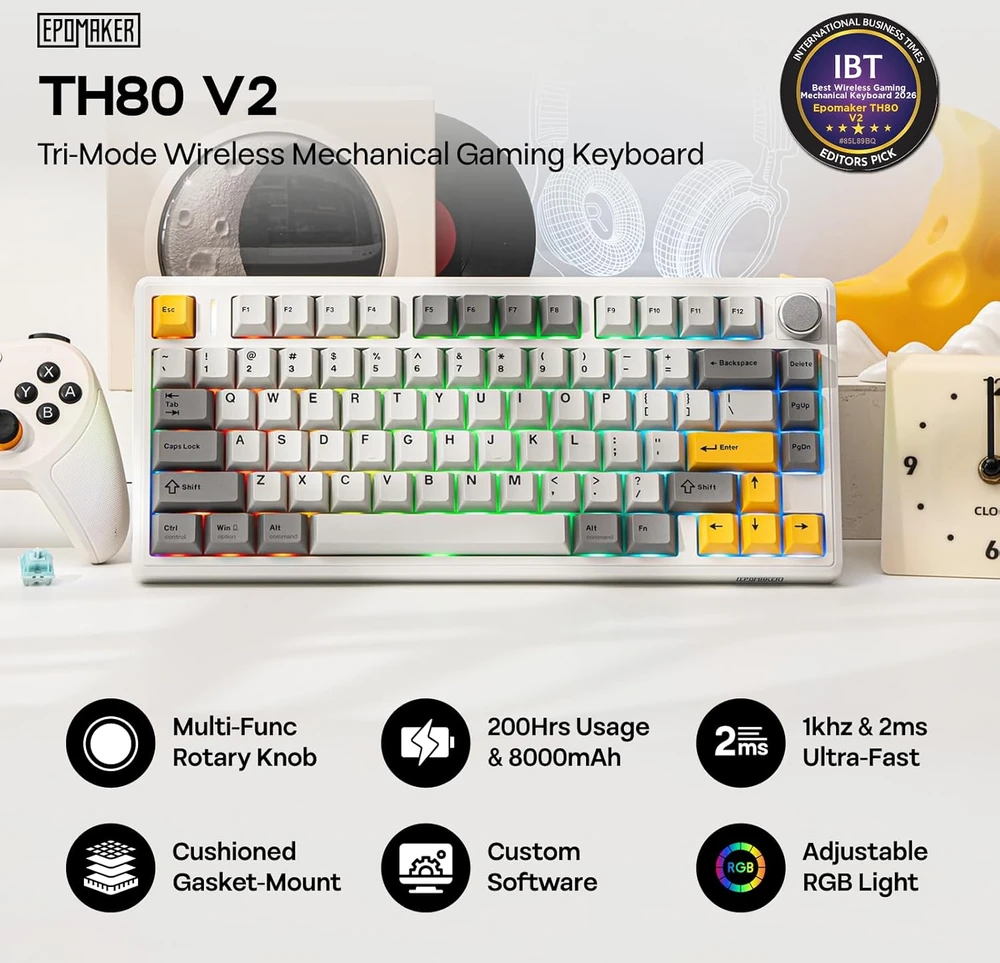 Epomaker TH80 V2 belaidė mechaninė žaidimų klaviatūra 75% RGB 8000 mAh Hot-Swap PBT