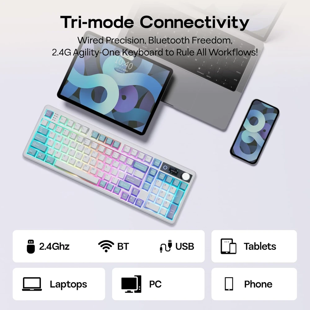 Epomaker TH99 PRO belaidė mechaninė klaviatūra, 96% išdėstymas, RGB, 10000 mAh, su ekranu ir ratuku