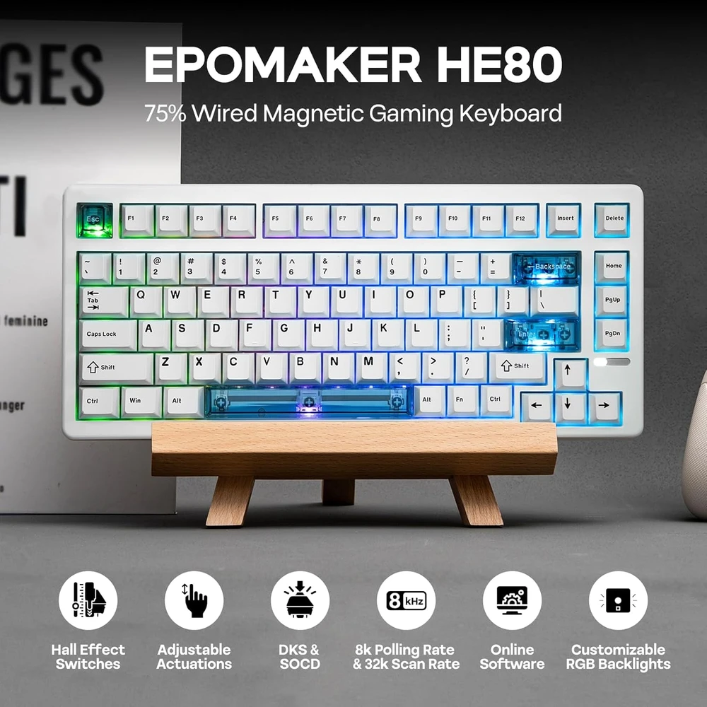 EPOMAKER žaidimų klaviatūra laidinė 75% Hall efektas 8000 Hz RGB HE80