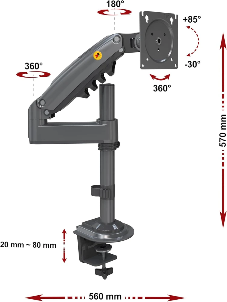Ergosolid monitoriaus laikiklis su dujine spyruokle 17–30 col., VESA 75 × 75/100 × 100 mm, H100G