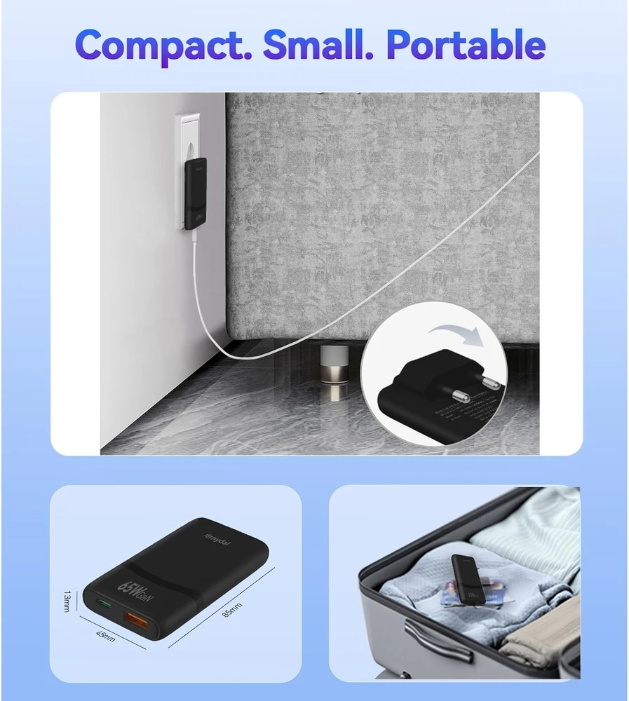 Ernydal sieninis USB-C/USB kroviklis 65 W GaN II, 2 jungtys, PD, PPS, Slim, juodas