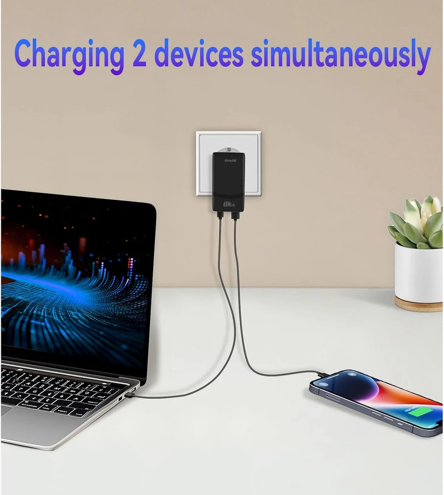 Ernydal sieninis USB-C/USB kroviklis 65 W GaN II, 2 jungtys, PD, PPS, Slim, juodas