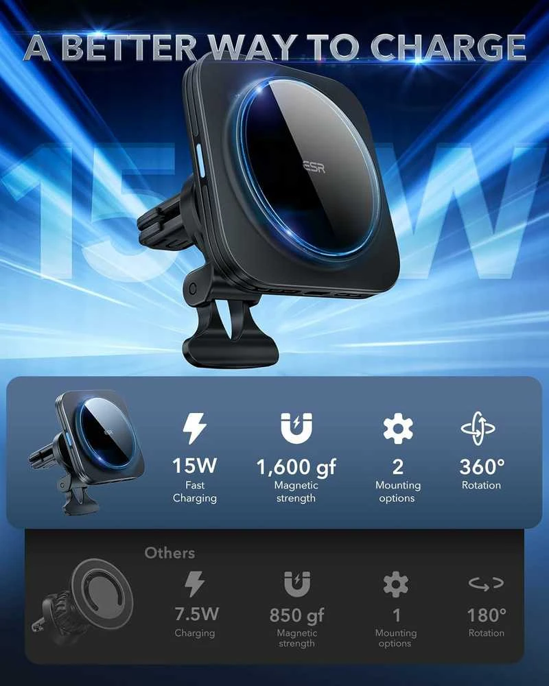 ESR HaloLock magnetinis belaidis MagSafe automobilinis telefono laikikliis įkroviklis 15 W, ventiliacijos tvirtinimas BK918